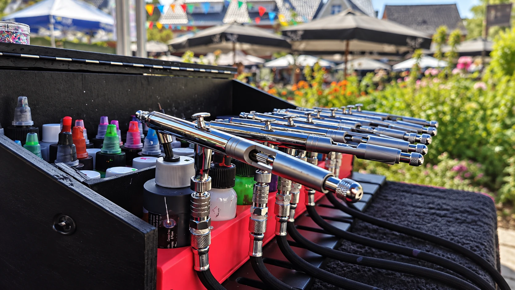 Professionele airbrushpistolen en kleurmateriaal op de eventwerkplek