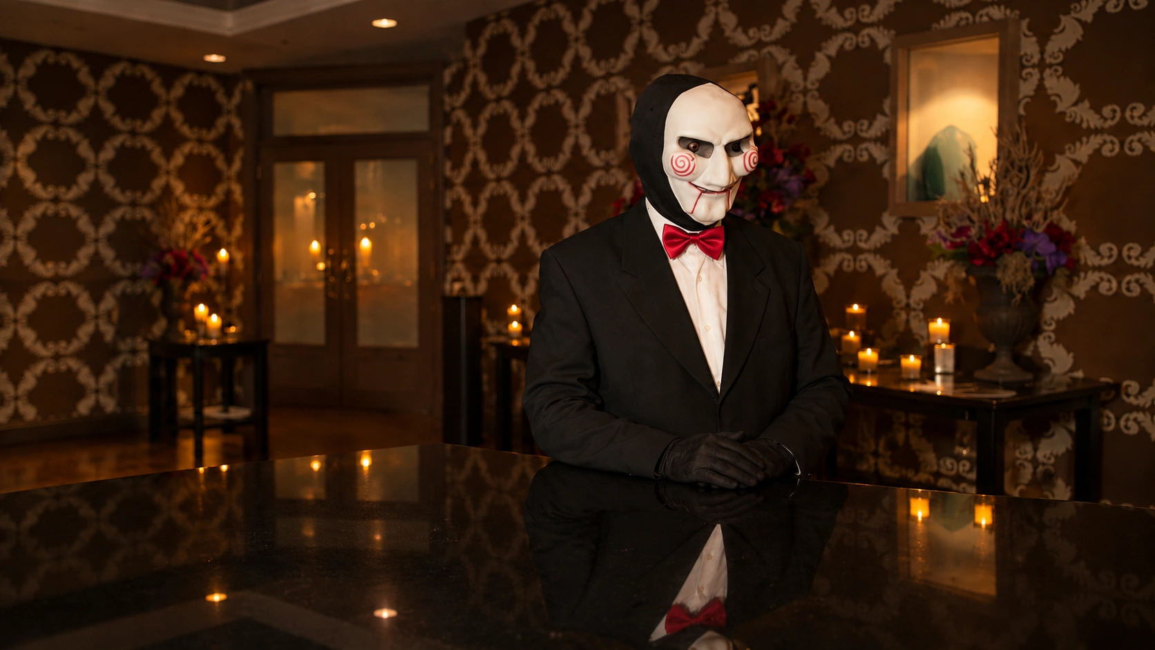 Horroracteur met herkenbaar masker en rode strik tijdens een Halloween-event