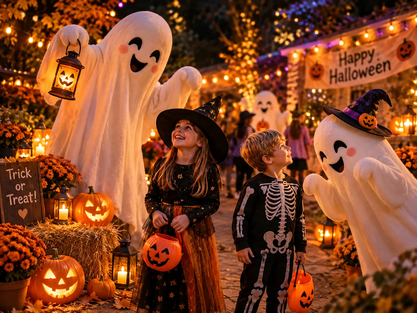Kinderen met vriendelijke spookfiguren tijdens Halloween
