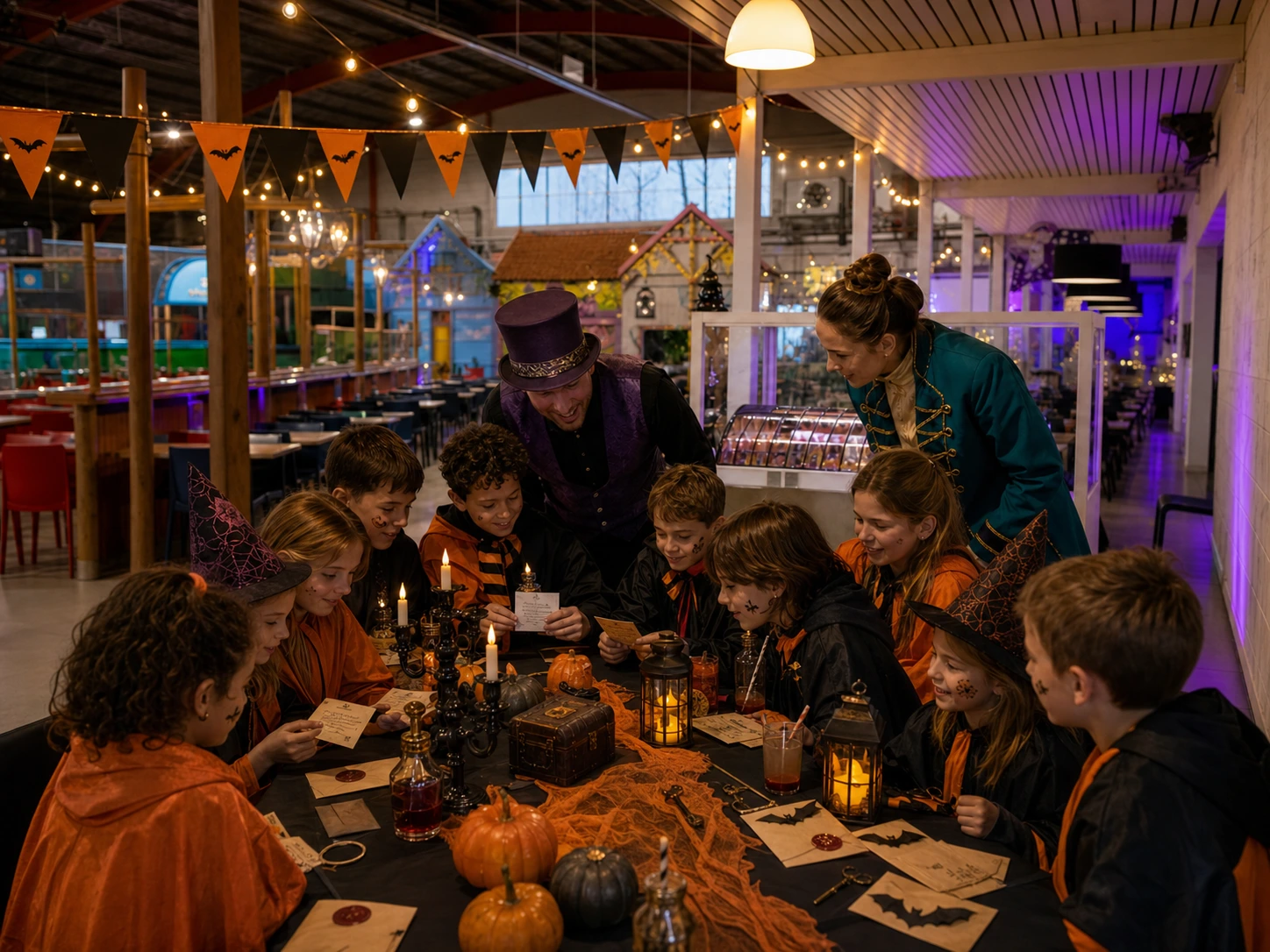 Conceptvisualisatie van een haalbare Junior-uitvoering: kinderen en acteurs rond een tafel op een echte speellocatie
