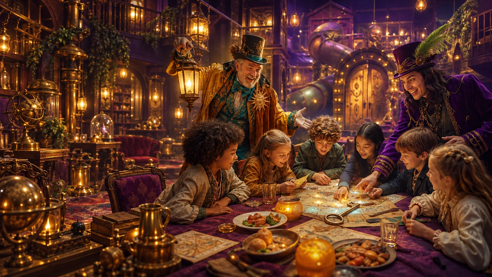 Conceptvisualisatie van Hallow Dinner Junior: kinderen en liveacteurs ontdekken aanwijzingen rond de dinertafel