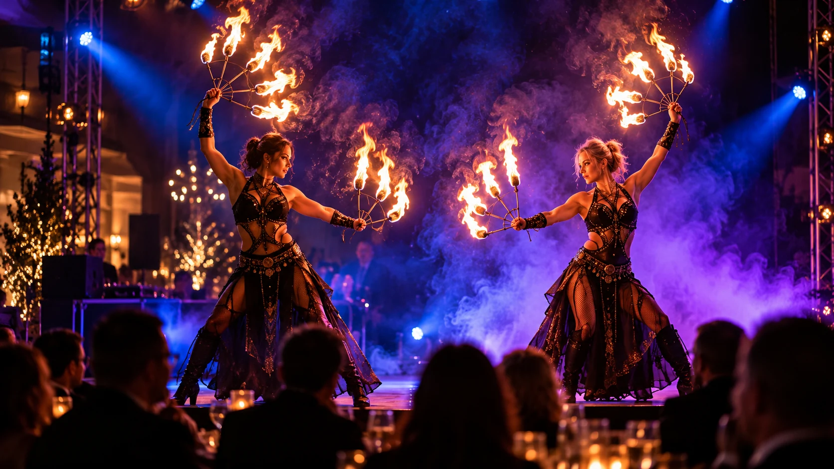 Twee Fire & Flames-performers tijdens een vuuract met blauwe en paarse podiumverlichting