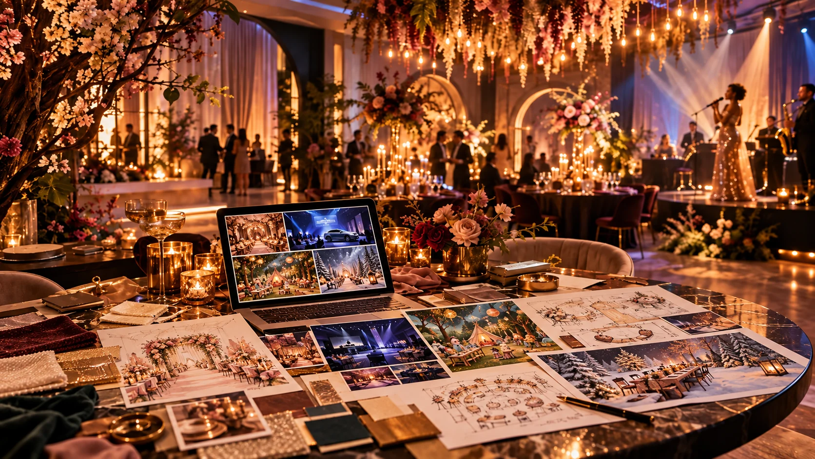 Creatieve tafel met moodboards en schetsen voor eventbelevingen