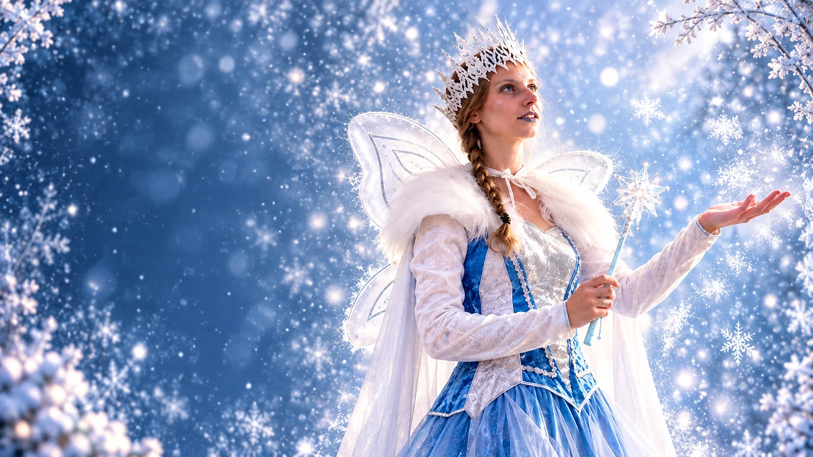 IJsprinses met blauwe jurk en kroon in een winterse eventsetting