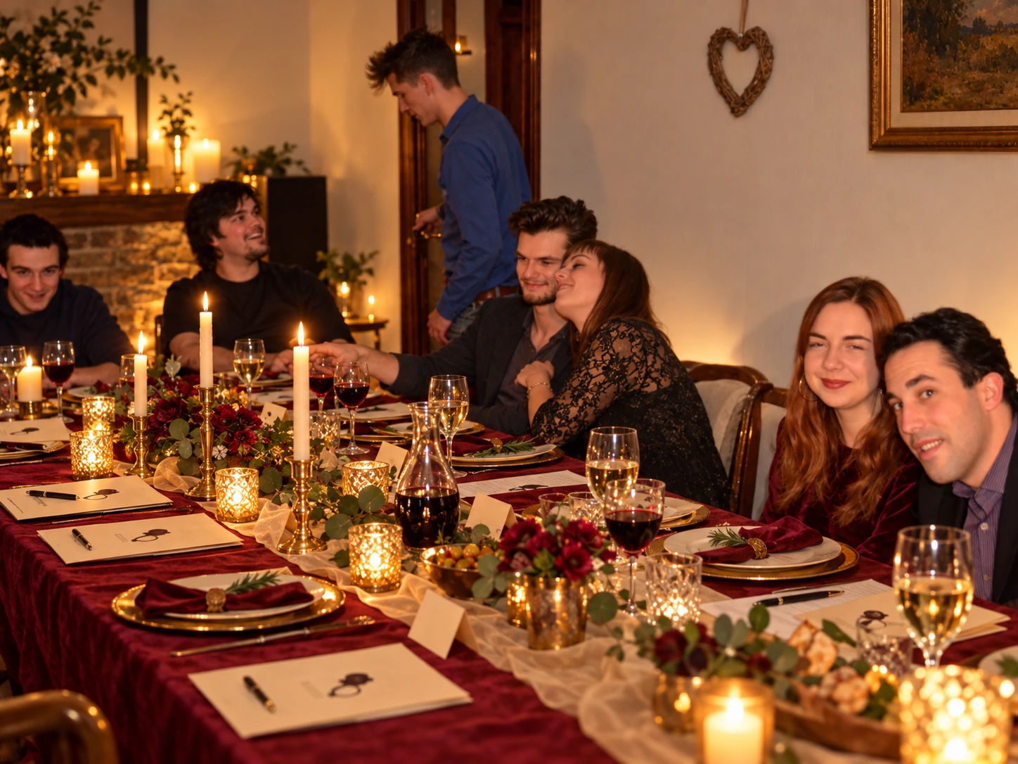Gasten met spelmateriaal aan tafel in een sfeervolle dinerscène