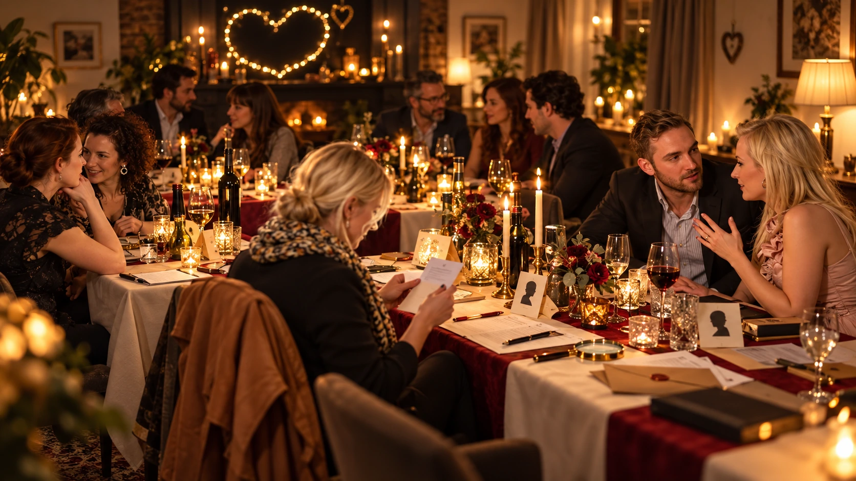 Gasten aan tafel tijdens een sfeervol moorddiner