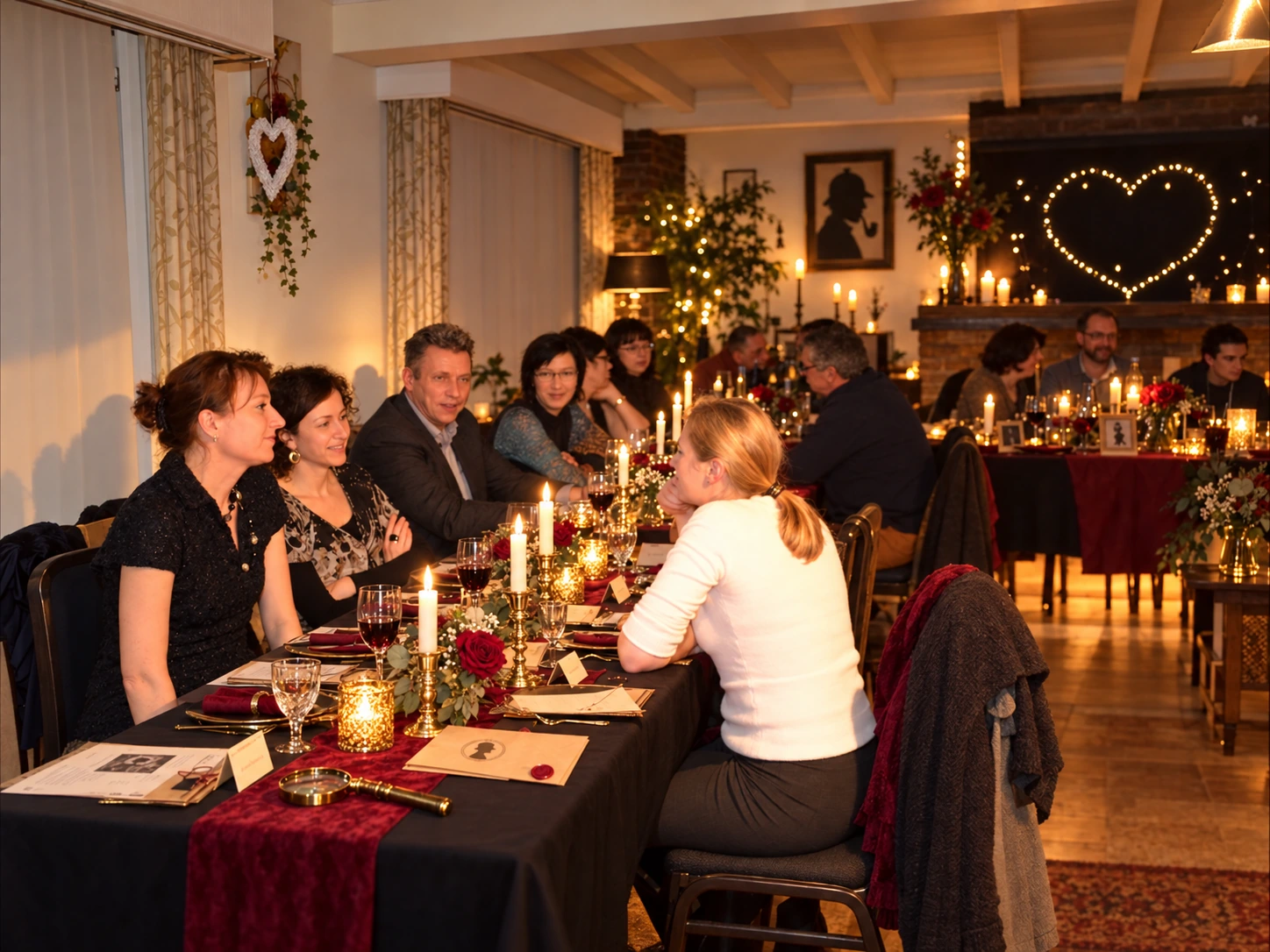 Gasten rond een gedekte tafel met aanwijzingen voor het moorddiner