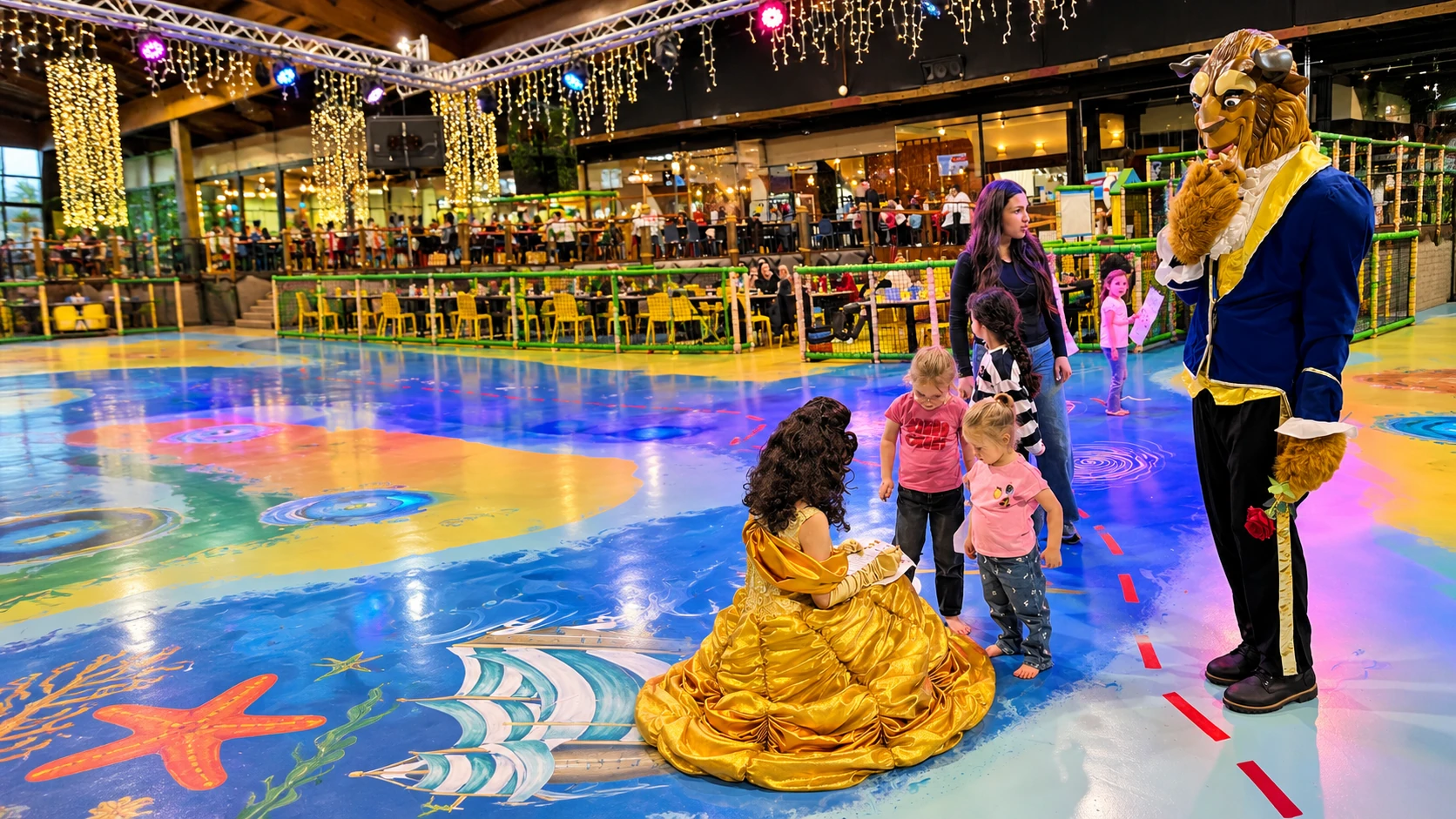 Belle en het Beest ontmoeten kinderen op een echte eventlocatie