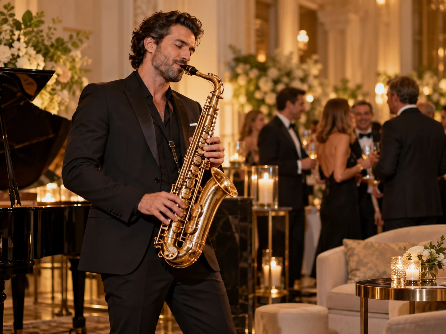 Sfeerillustratie van saxofoon tijdens een avondfeest