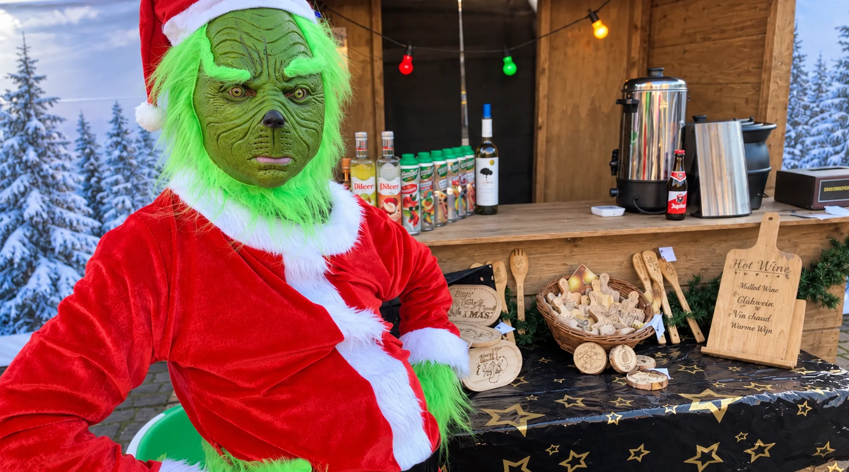 The Grinch bij de oorspronkelijke houten kerstmarktchalet, professioneel verbeterd