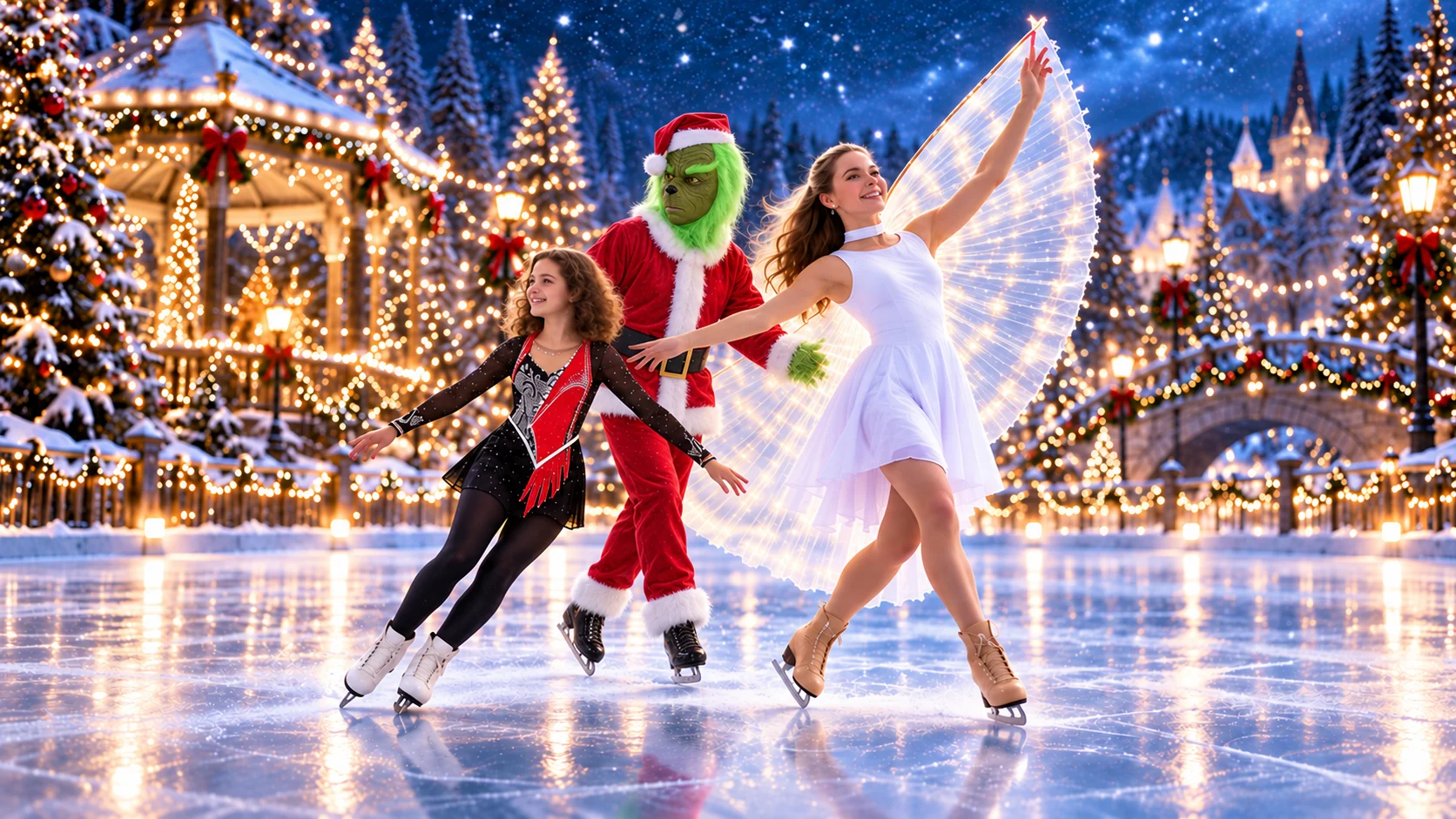 Goedgekeurde conceptillustratie van de schaatsende Grinch met twee performers