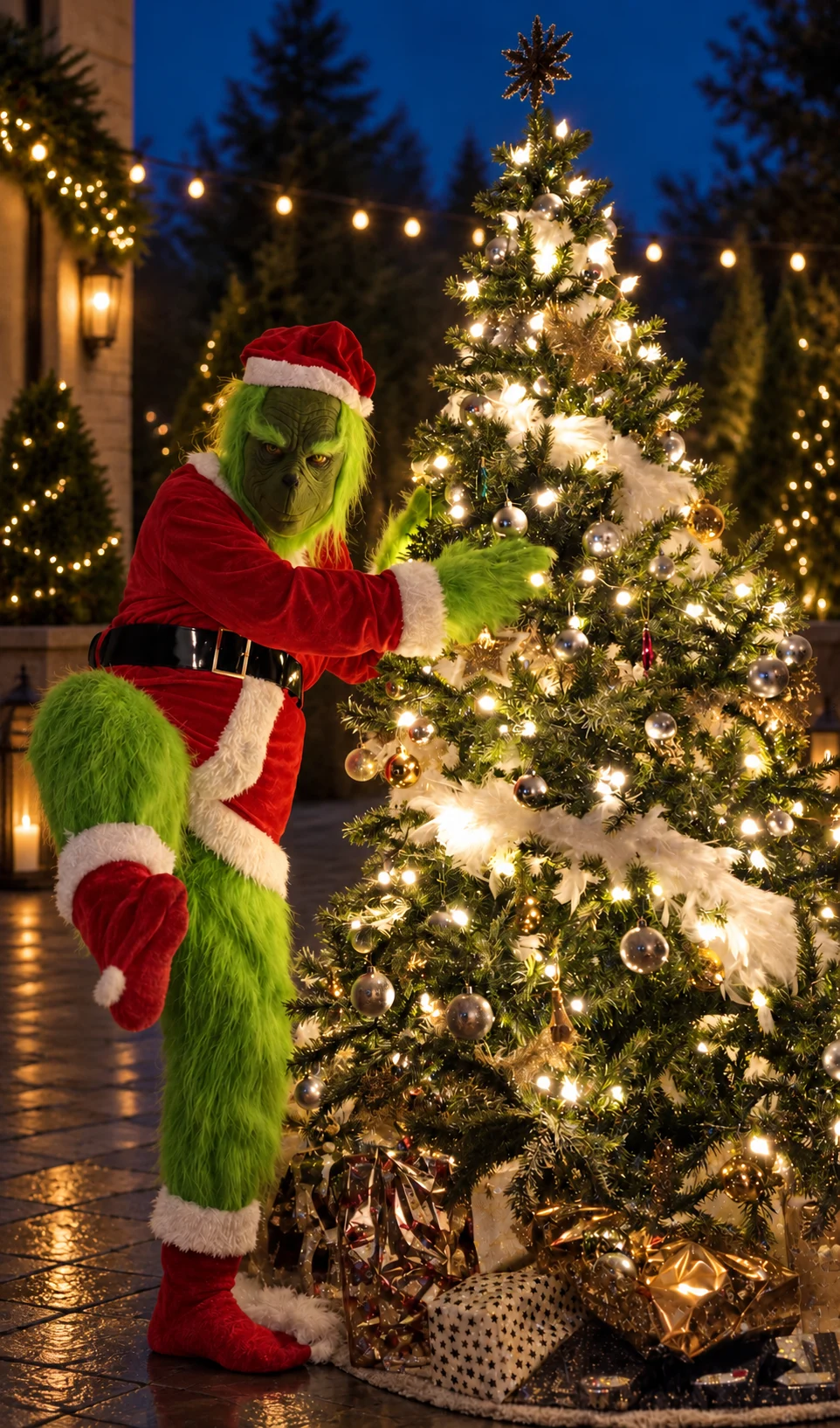 The Grinch haalt streken uit bij een verlichte kerstboom in een wintersetting