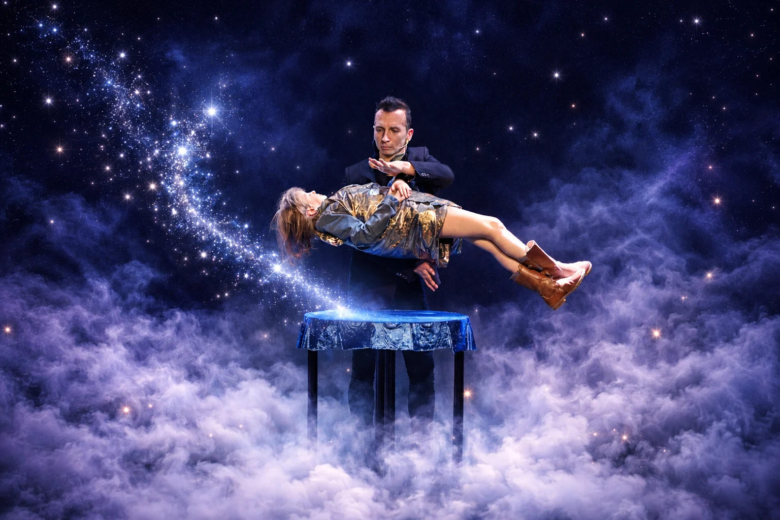 Illusionist met een zwevende dame boven een blauw tafeltje