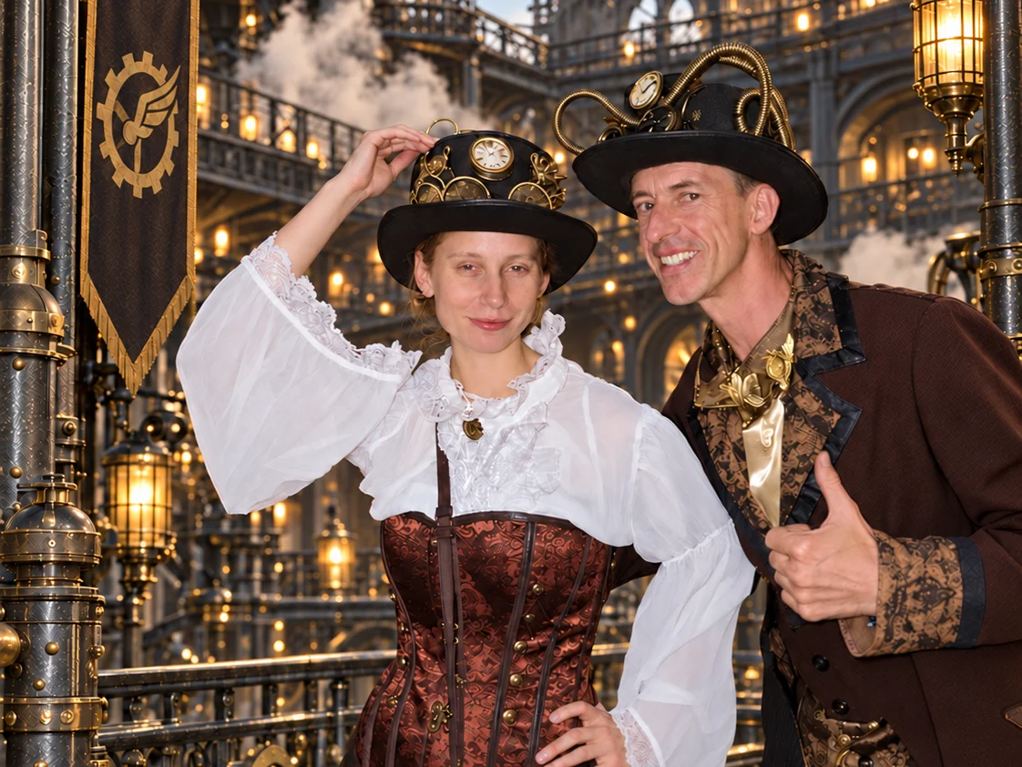 Twee Steampunkperformers met mechanische hoeden en rijke kostuums