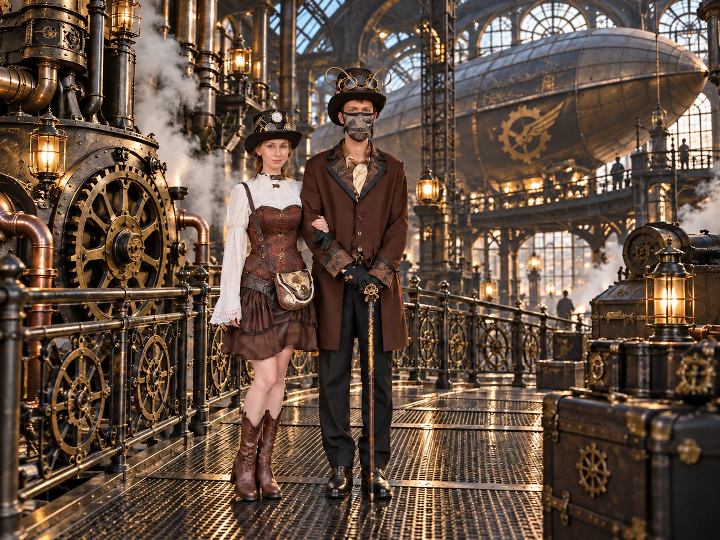 Steampunkkoppel in volledige kostuums in een industriële sfeerwereld